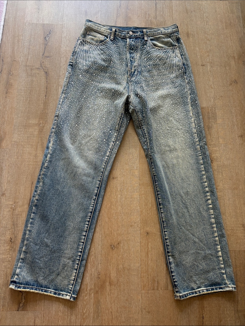 MNML Men's Washed Blue Straight Jeans with Stud Accents